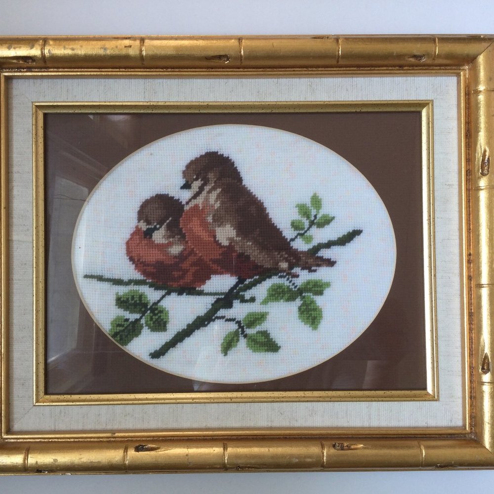 Beautiful needle art needlepoint 2 birds gold tone bamboo looking frame 16" x13"